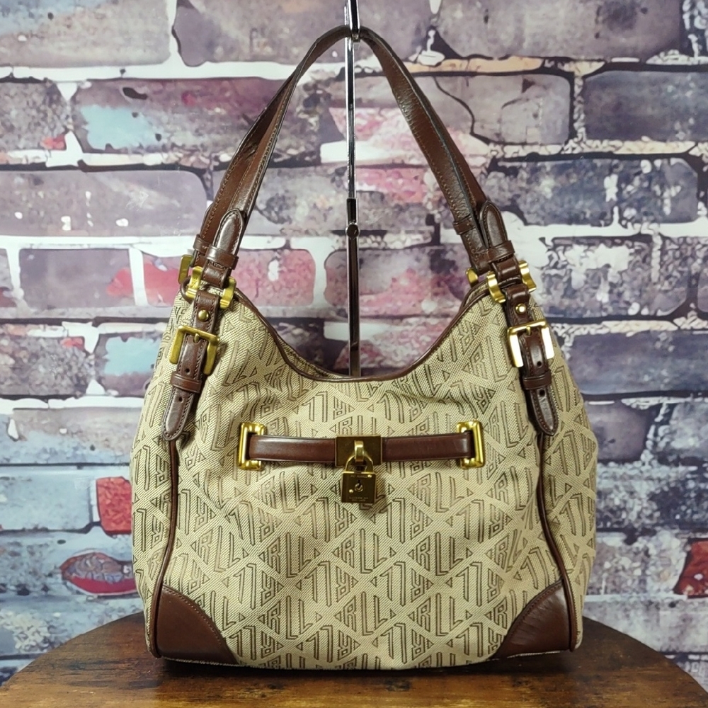 Lauren Ralph Lauren Signature 4 Poster Monogram Canvas/Leather Hobo Bag
